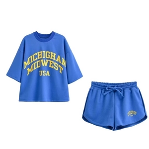 Femme Décontracté Sport Coton Et Polyester Michigan Imprimé Lettres Haut À Manches Courtes Et Short À Cordon Bleu Royal Streetwear