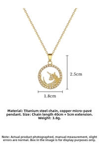 Detailed size specifications for the gold unicorn zircon pendant on stainless steel chain