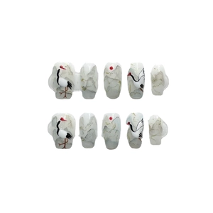 Handmade Chinese ink wash style press-on nails with red-crowned cranes and mountains