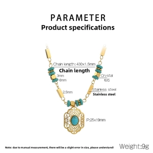 Detail of 18K gold-plated stainless steel necklace with turquoise beads and engraved pendant