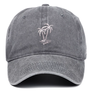 Vintage washed charcoal baseball cap with pink coconut tree embroidery for men and women