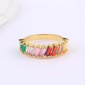Top macro view of a gold eternity ring featuring colorful rainbow rectangular crystals