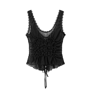 Chic black mesh and lace camisole top featuring front ruching and bow tie detail
