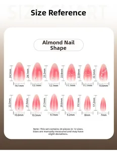 Detailed size chart for almond shaped press-on nails with 12 specific measurements