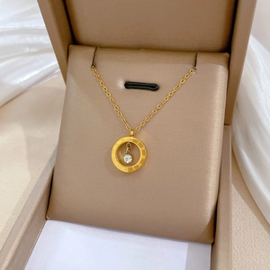 Titanium steel Roman numeral circle necklace with crystal pendant in a beige gift box