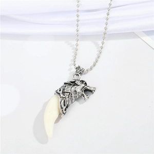 Punk wolf tooth pendant necklace for men with silver bead chain in retro style