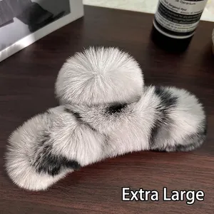Extra large rex rabbit fur claw clip with grey leopard plush pattern for thick hair