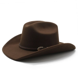 Classic dark brown western cowboy hat with woven leather band on a clean white background