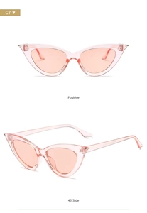 Detailed front and side views of transparent pink cat-eye sunglasses with resin frames
