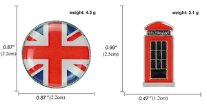 Broches émaillées Drapeau Union Jack et cabine téléphonique avec mesures de taille