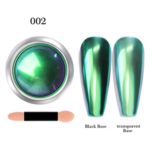 Macro shot of metallic green chrome nail powder with dual-ended sponge applicator tool