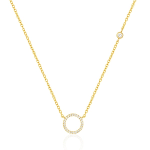 Close-up of a gold S925 silver necklace featuring a geometric micro-pave diamond circle