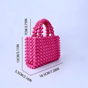 Detailed size chart for pink acrylic pearl handmade beaded handbag with dimensions in inches