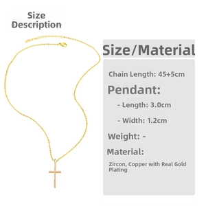 Detailed view of gold plated cross pendant necklace with zircon and size specifications