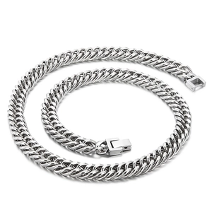 Polished silver cuban link chain necklace with secure square clasp on white background