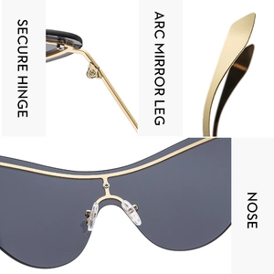 Detail of cyber cat-eye sunglasses featuring secure hinges and gold metal arc mirror legs