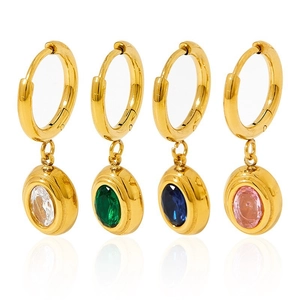 Gold hoop earrings with emerald, blue, pink and white oval zircon stone pendants