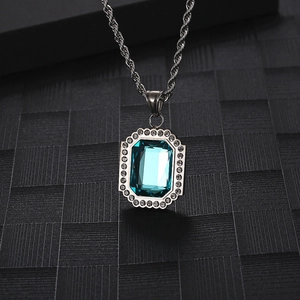 Hip hop style titanium steel necklace with blue sapphire pendant and micro diamonds