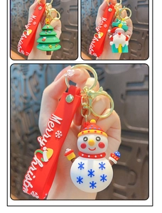 Detailed view of Christmas keychains featuring Santa, snowman, and tree charms