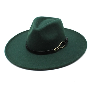 Dark green wide brim wool fedora hat with black leather band and gold buckle detail