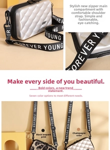 Detail of mini hardshell crossbody bag with diamond texture and Forever Young strap