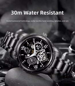 Close-up of black stainless steel watch with 30M water resistance and multifunction dial
