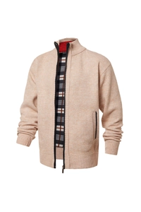 Detail of men's beige knit cardigan featuring a stand collar and red plaid lining