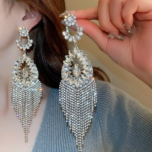 Detailed macro view of long silver tassel earrings with shimmering crystals for gala events