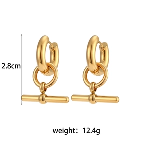 Detailed view of gold hoop earrings with T-bar pendants, measuring 2.8cm high and 12.4g