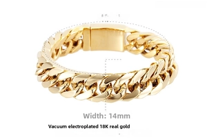 Detail of 14mm 18K gold plated Cuban link chain bracelet with classic rectangle clasp