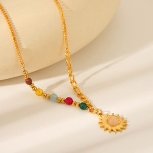 18K gold plated stainless steel sun pendant necklace with colorful beads and opal
