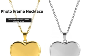 Detail view of heart-shaped locket necklaces in gold and silver for photos