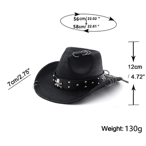 Black PU leather cowboy hat with silver skull emblem and studded belt detail
