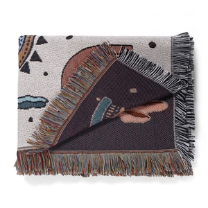 Bohemian astronaut woven cotton picnic blanket with colorful tassels and cosmic patterns