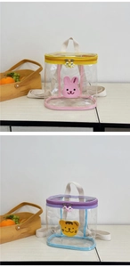 Detail of transparent PVC kids backpack with pink rabbit and blue bear patterns