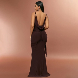 Detail of deep V backless design and ruched back feature on chocolate brown maxi dress