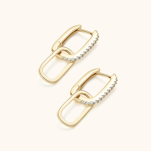 Elegant gold S925 silver double loop earrings with pavé moissanite and geometric tassels