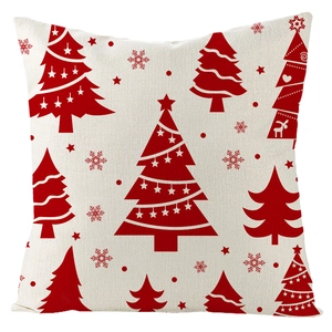 Christmas red linen square pillowcase with festive holiday patterns on beige background