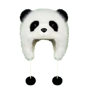 Cute panda plush trapper hat with black ears and pom-poms for winter warmth