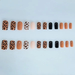 Classic khaki and black leopard print press-on nails in medium square and round shapes