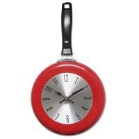 Creative red frying pan wall clock with silver dial and knife fork shape pointers