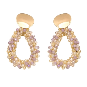 Colorful crystal beaded teardrop earrings with gold metallic discs on a white background