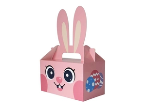 Detail of pink Easter bunny gift box featuring 3D ears and colorful egg patterns