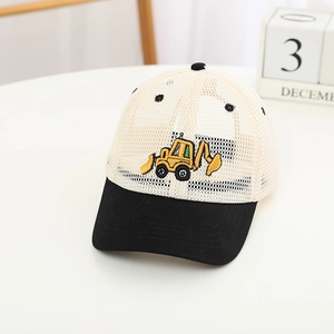 Close-up of kids mesh baseball cap with yellow excavator embroidery and breathable net