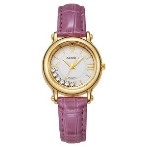 Chic women's quartz watch with a purple leather strap and gold case with crystal accents