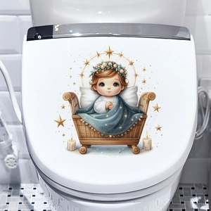 Christmas nativity window sticker with baby Jesus and stars on a white toilet lid cover