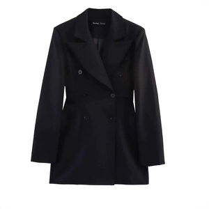 Classic black double-breasted satin blazer with shoulder pads and a tailored notch lapel