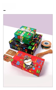 Detailed view of colorful Happy Birthday wrapping paper with ribbons and gift tags