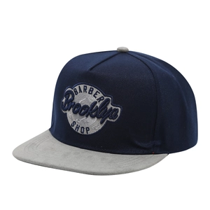 Retro flat brim baseball cap in navy blue and grey with Barber Brooklyn 3D embroidery