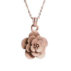 3D rose gold stainless steel flower pendant necklace with layered camellia design